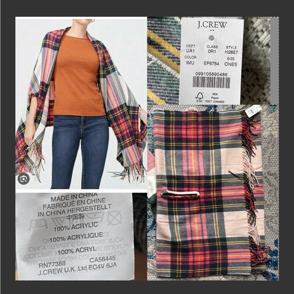 J.Crew jcrew Stripe Sweater Plaid Cape Scarf Wrap fringe SMALL Womens NEW shirt - Picture 2 of 13